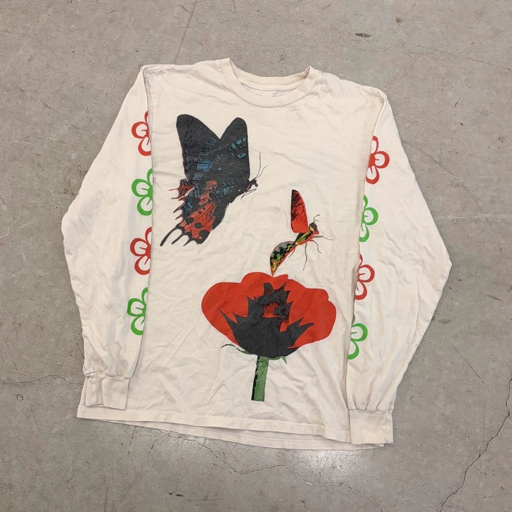 Altru Mens Butterfly Poppy Flower Graphic Long Sleeve T-Shirt Cream Large